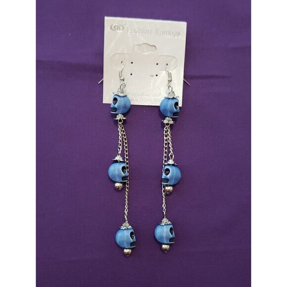 Blue Skull Long Dangle Earrings Halloween Bikercore Punkcore Rocker Goth Boho - Picture 1 of 5